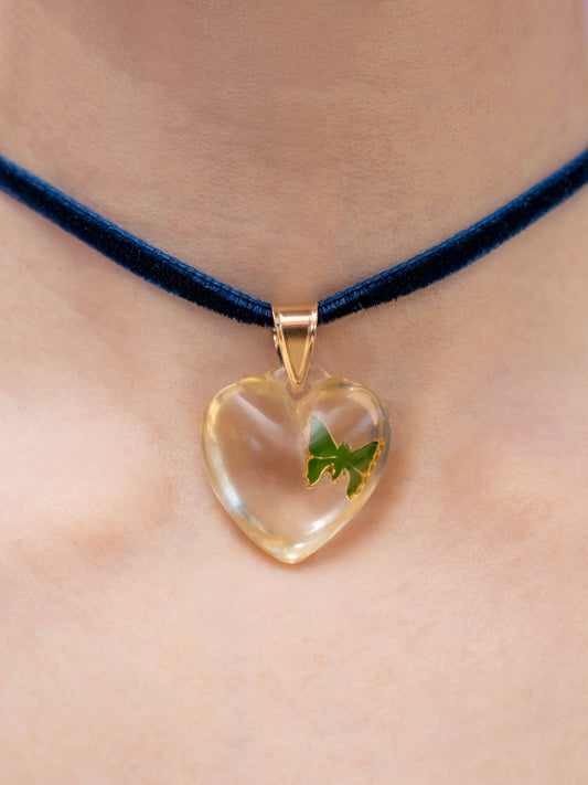 Pied a Terre 1960s vintage lucite puffy heart with embedded butterfly on chunky 14k bale