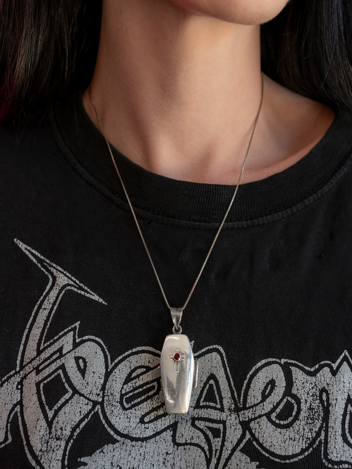 Pied a Terre Silver Coffin functional pillbox pendant featuring natural 3mm ruby at center