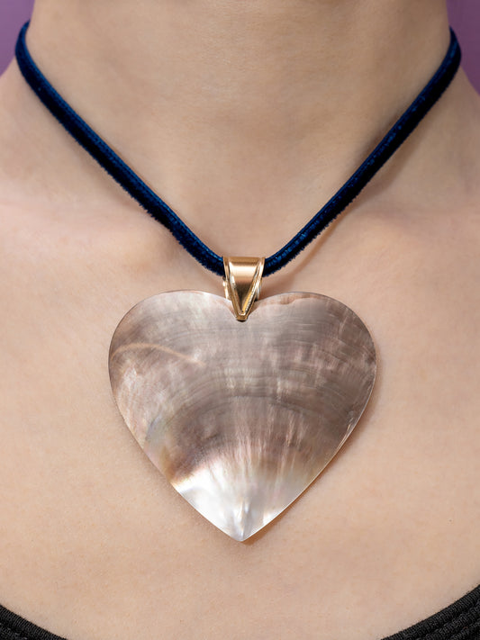 Pied a Terre Hand carved XXL mother of pearl heart pendant with chunky 14k bale